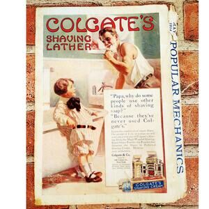 1914 Colgate Shaving Lather Papa‎ at Sink Boy at Tub - Original Antique PRINT AD